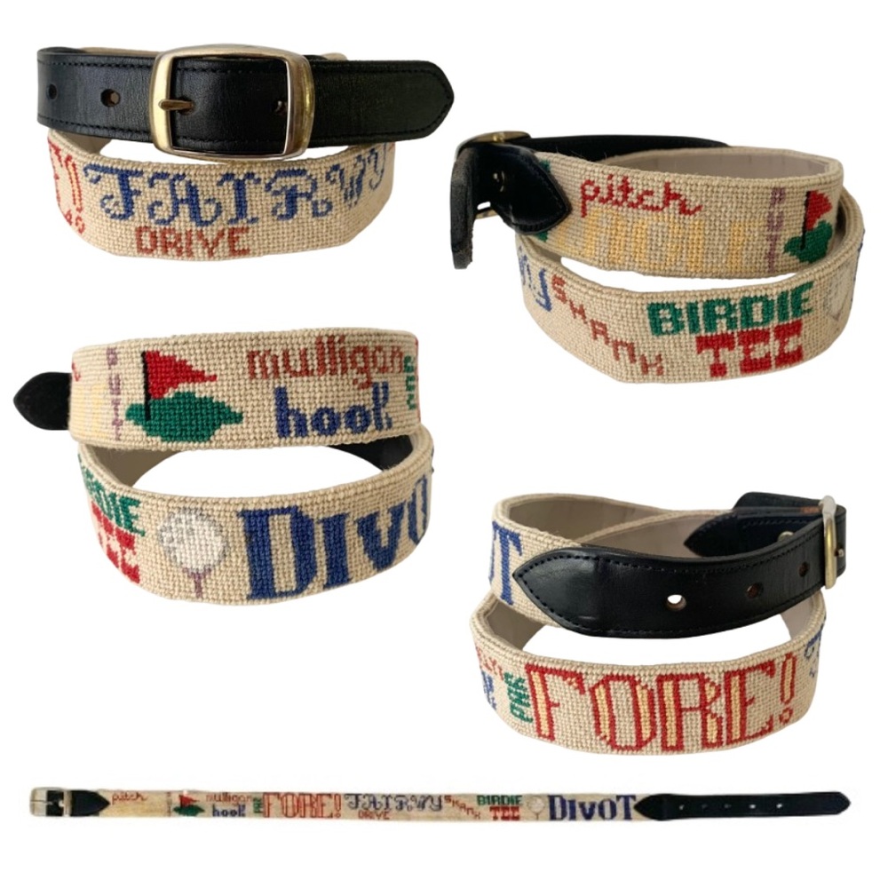 Vintage Needlepoint Embroidered Golf Motif Themed Belt 26/27/28/29/30 Inches - Picture 3 of 14
